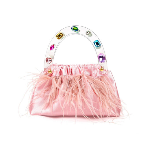 Milanblocks - Women's Colorful Gem Handle Embellished Feather Bag
