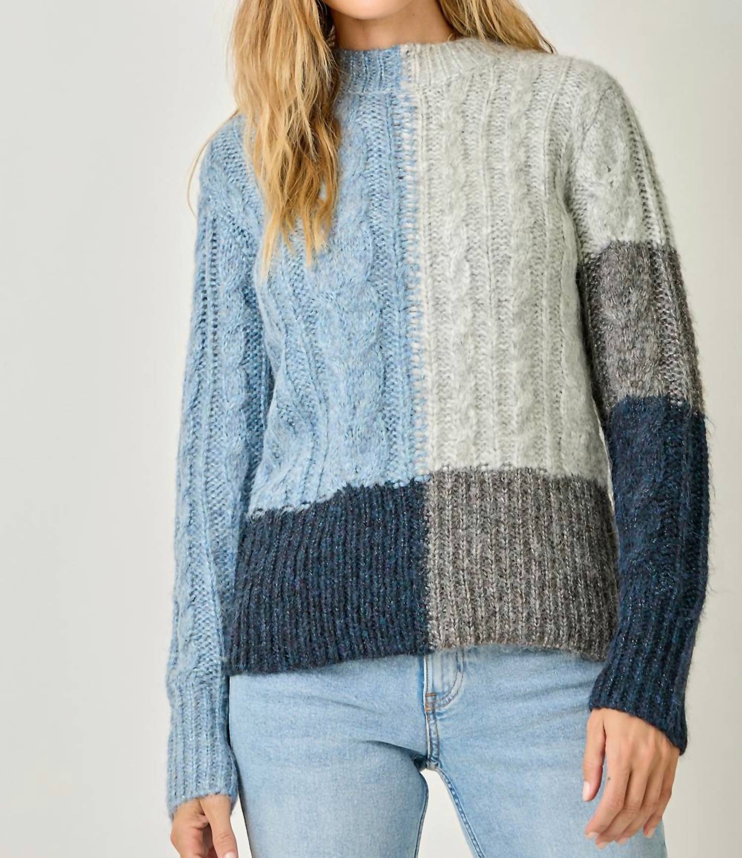 mystree Color Block Cable Knit Sweater in blue navy - women's sweater