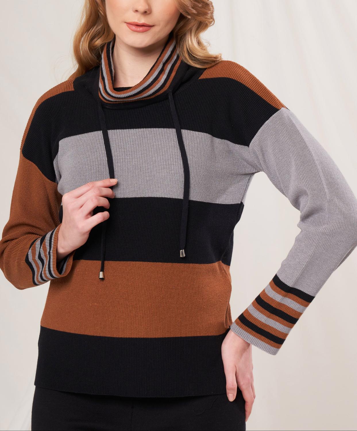 Angel Apparel Cowl Neck Stripe Sweater in black multi - women's sweater - detail view