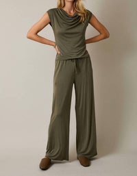GILLI Cowl Neck Cap Sleeve Top in olive - women's blouse