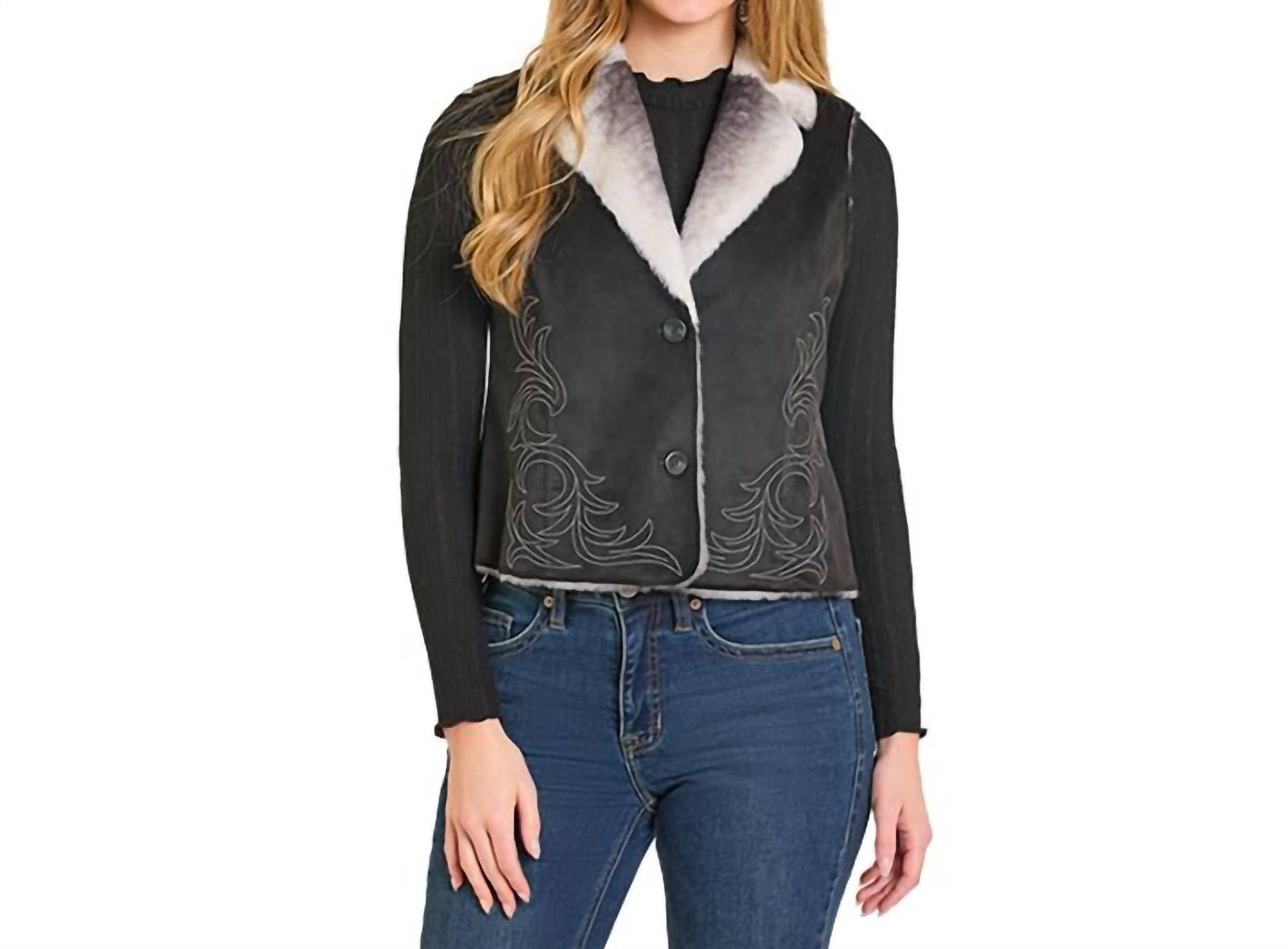 Panhandle Embroidered Microsuede Vest in black - women's jacket