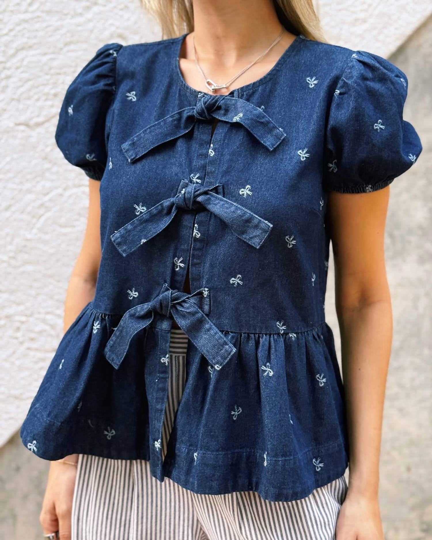 Blu Pepper - Denim Bow Detail Short Sleeve Top