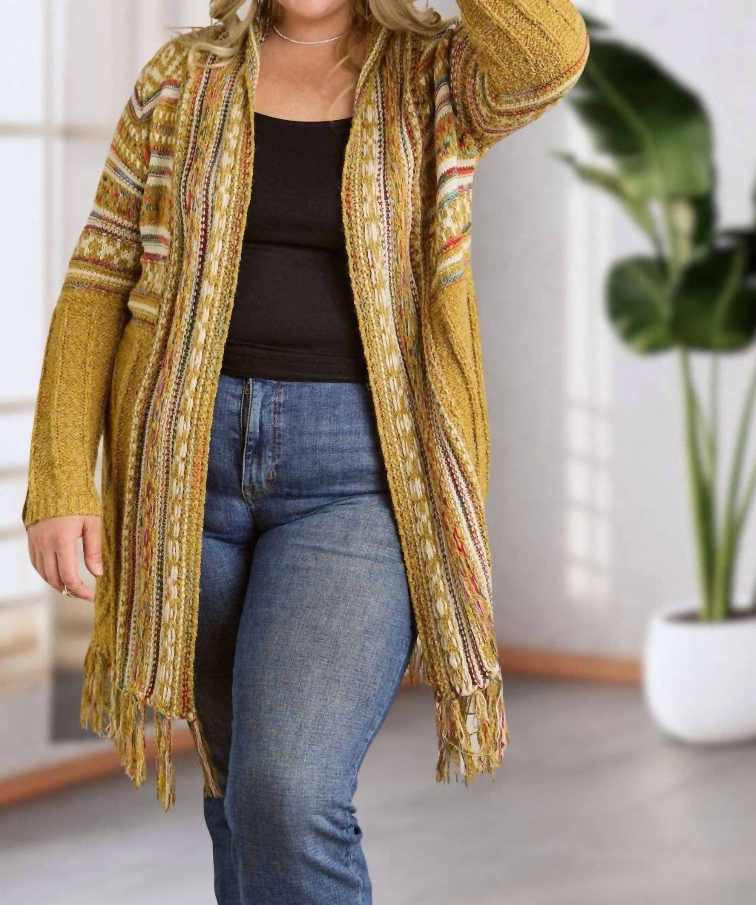 ADORA Maya Fringe Hem Aztec Cardigan -plus in mustard - women's sweater - view 4