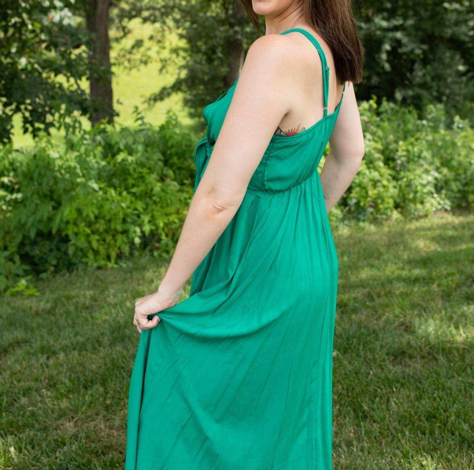 ELINGS Seaside Serenity Backless Maxi Dress in green - women's dress - detail view