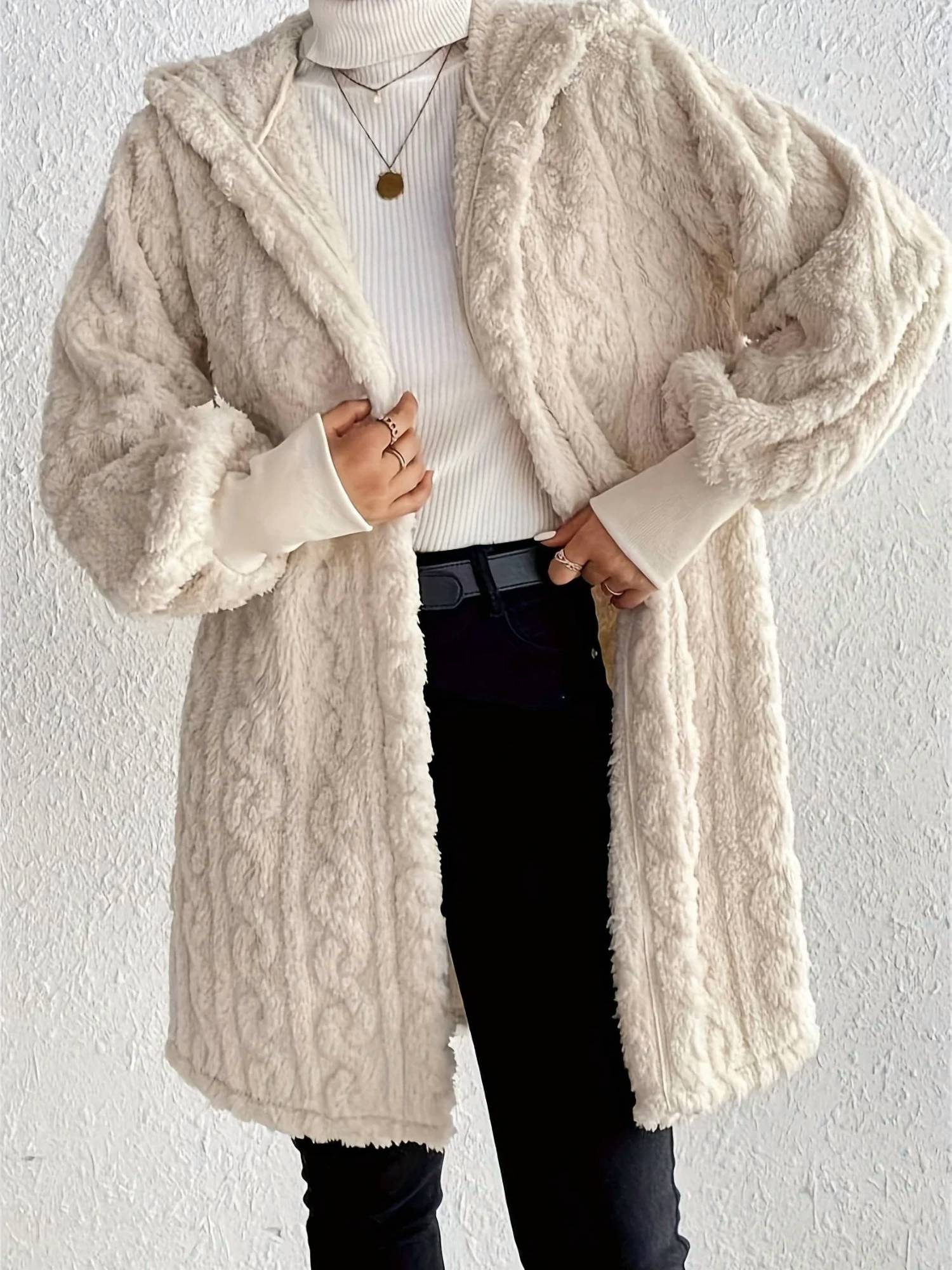 Rosa Clothing hooded plush threaded cuff midi coat in milk white - women's jacket