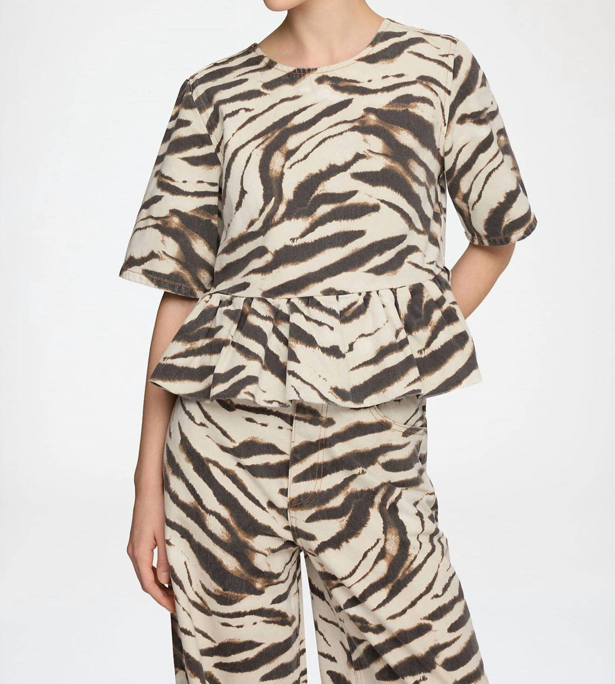 Ganni - Print Denim Flounce Top