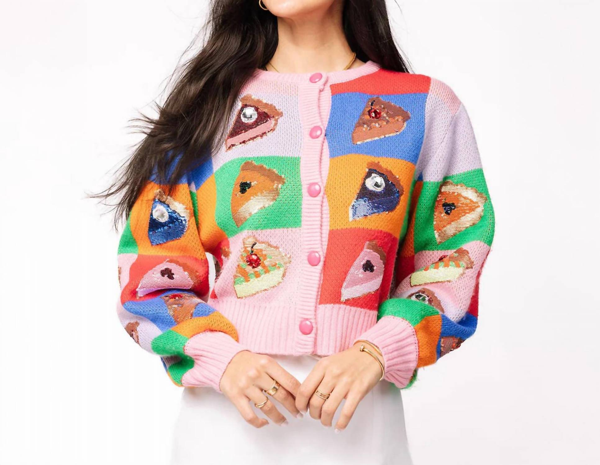 Queen Of Sparkles - Rainbow Colorblock Piece Of Pie Button Up Sweater