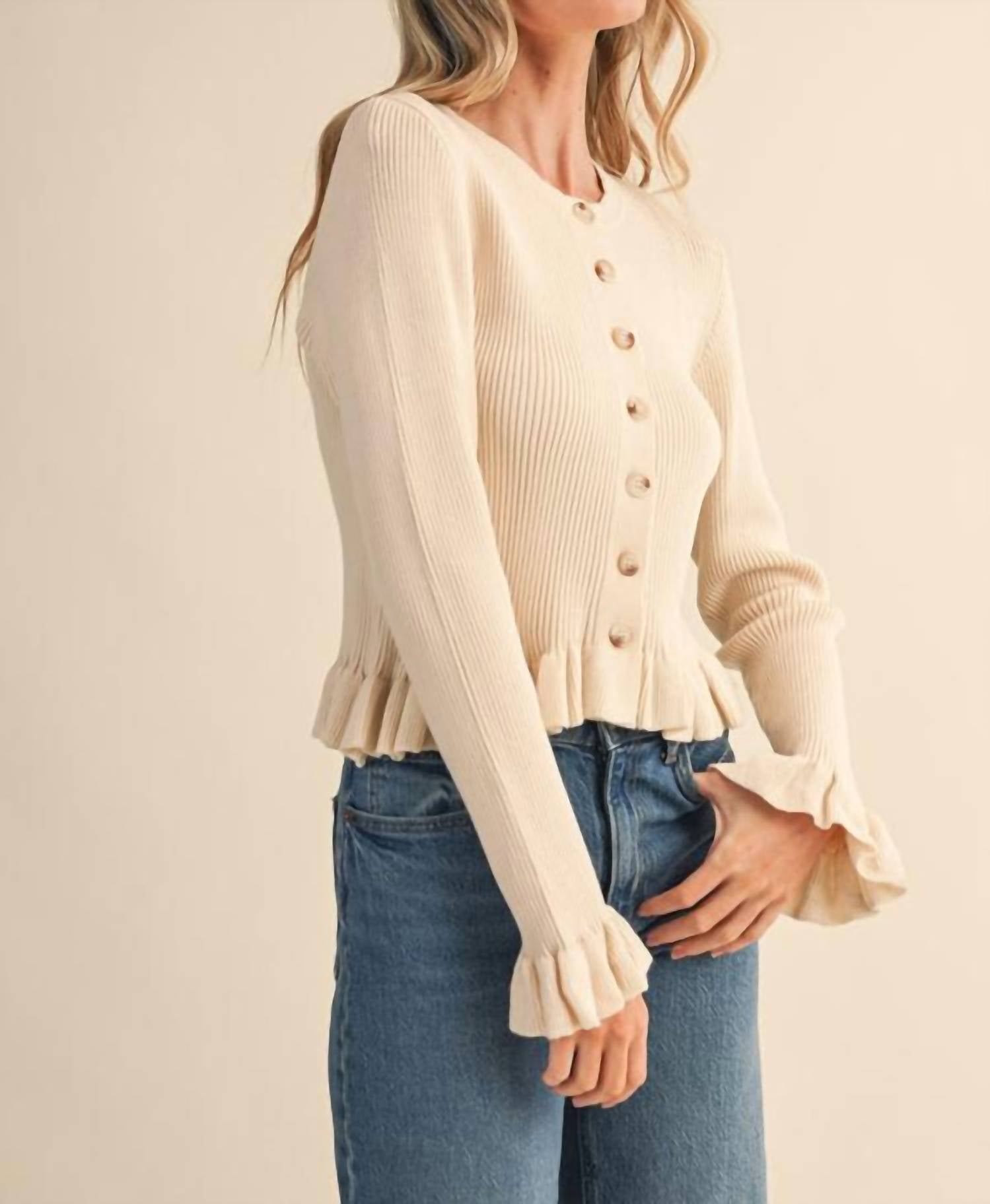 &Merci - Ruffle Hem Ribbed Knit Cardigan