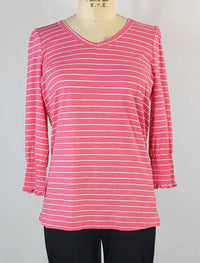 Fdj - Women's Striped V-neck Top With Smocked Cuffs