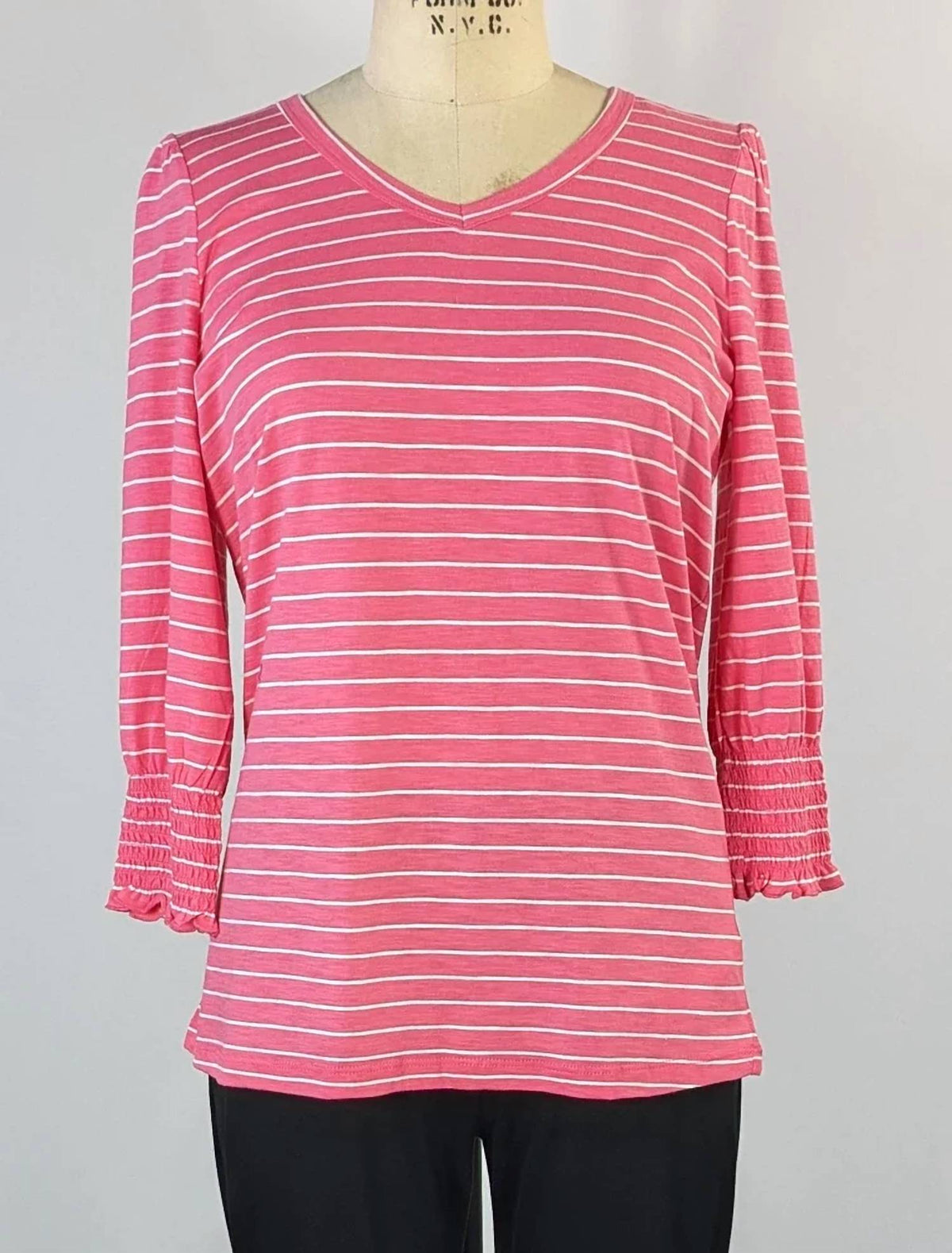 Fdj - Women's Striped V-neck Top With Smocked Cuffs