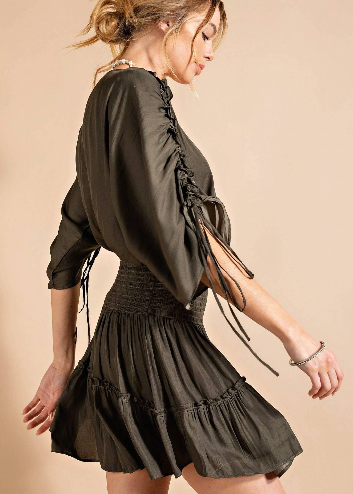 KORI Silky Smocked Mini Dress in olive - women's dress - detail view