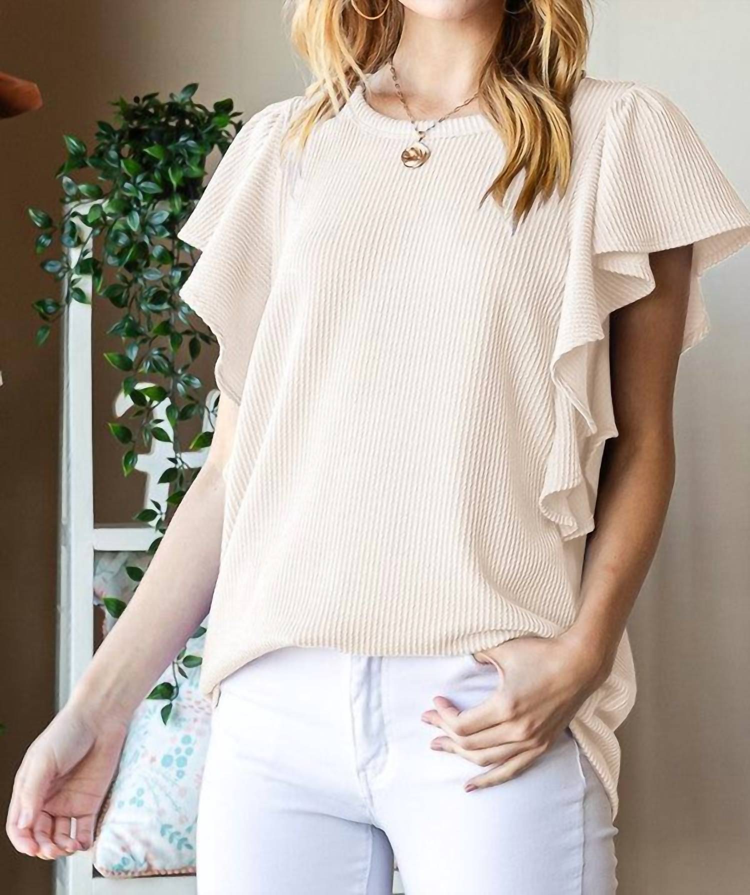 Heimish Usa - Ruffled Sleeve Solid Ribbed Top