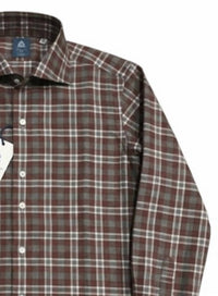 Finamore Men's Napoli Plaid Shirt in rust grey - men's shirt - detail view