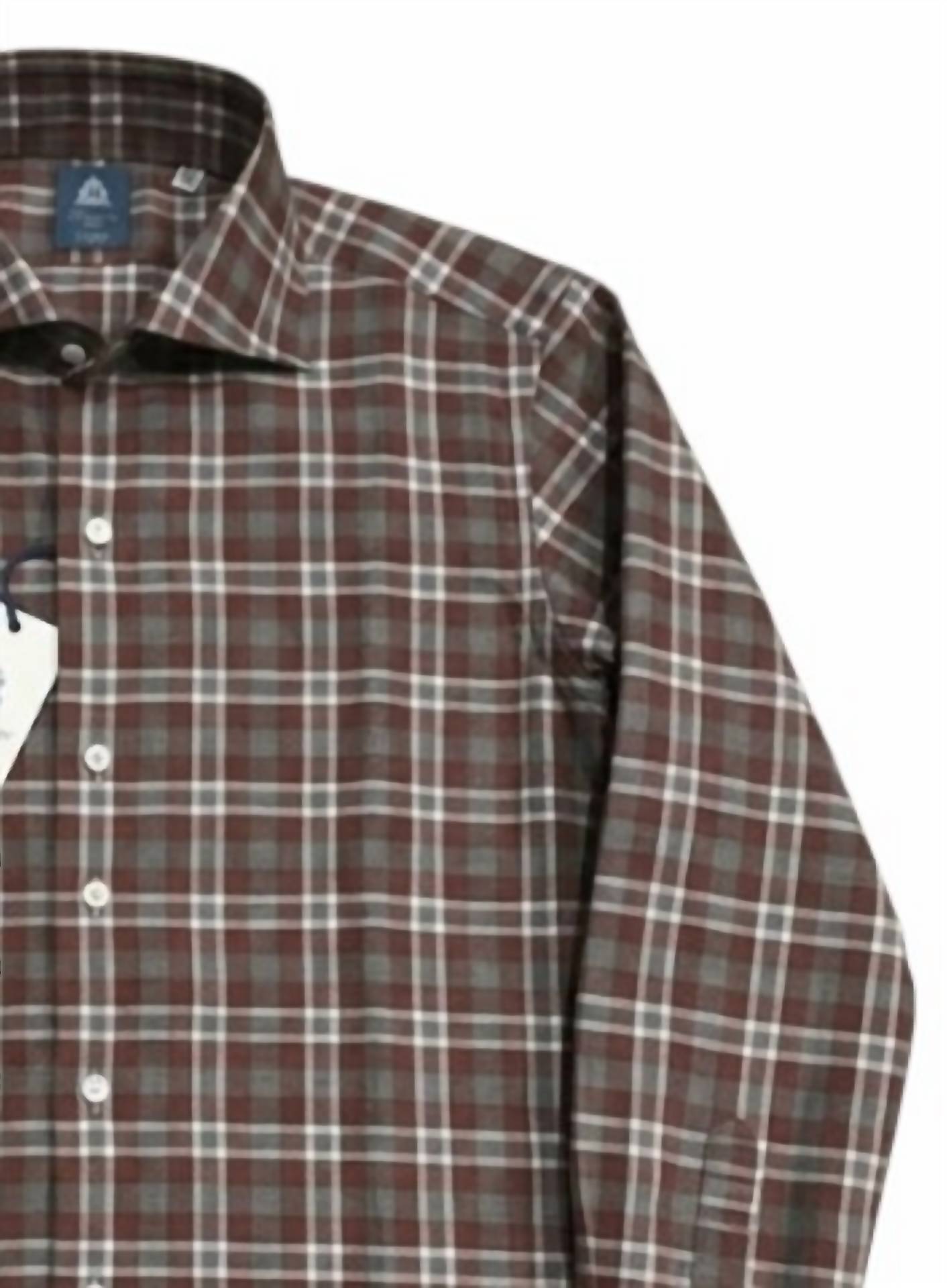 Finamore Men's Napoli Plaid Shirt in rust grey - men's shirt - detail view