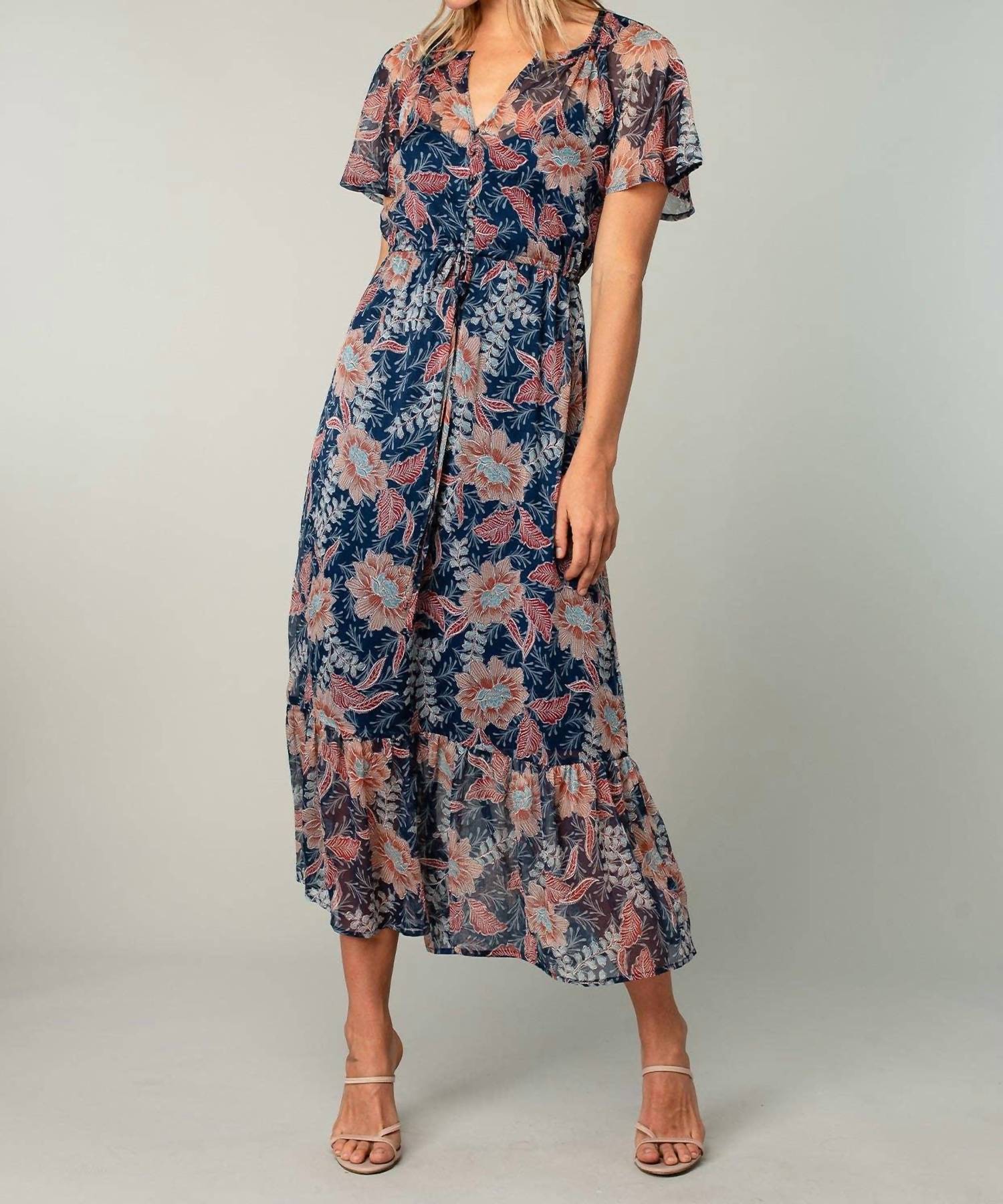 Lovestitch - Floral Chiffon Flutter Sleeve Tiered Maxi Dress