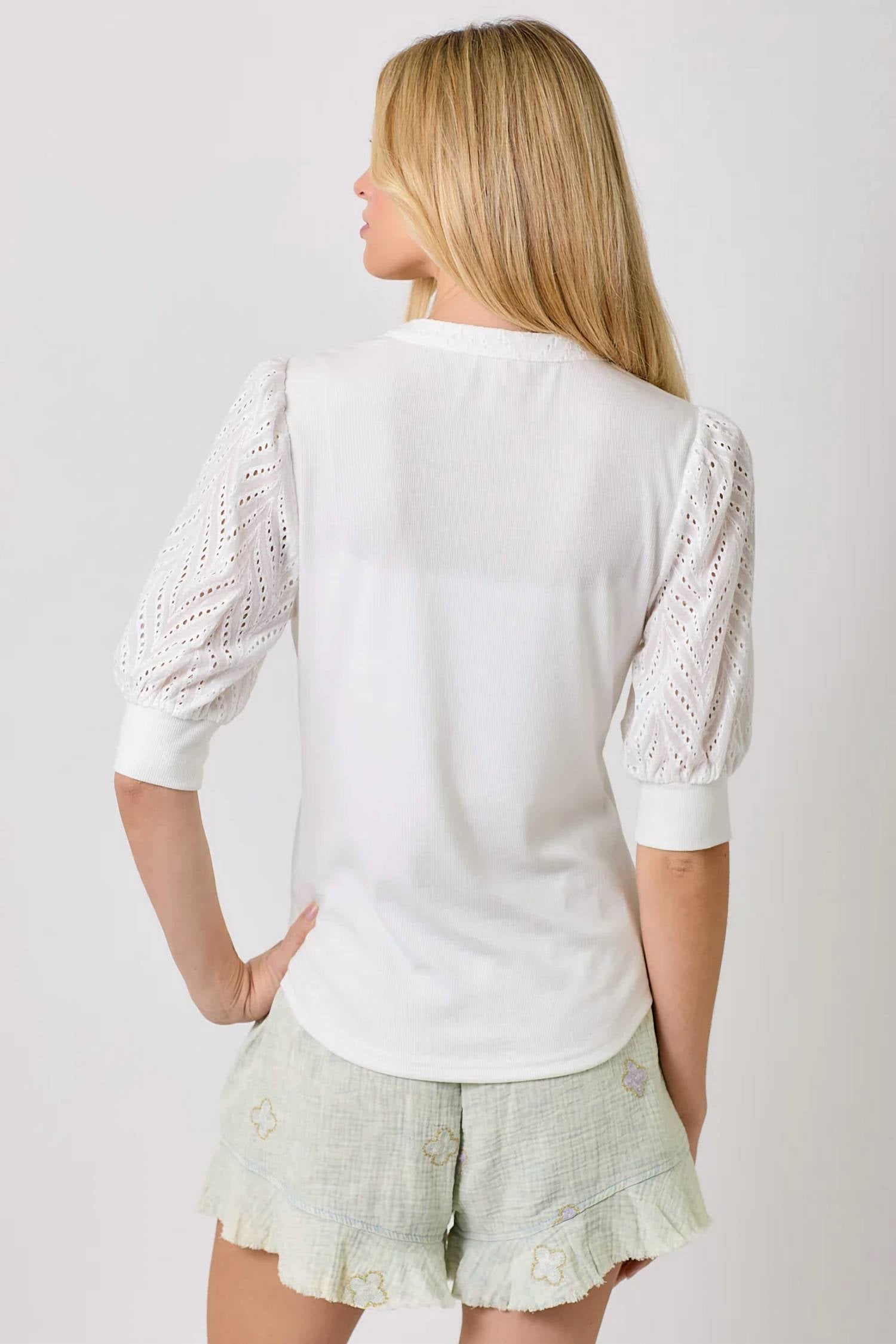 Mystree - Eyelet Puff Sleeve Henley Top