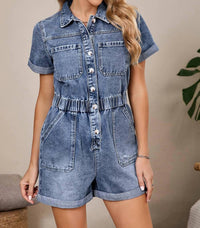 Aapparella Short Sleeve Denim Button Front Romper in blue - women's pants - view 5