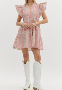 entro Ruffle Sleeve Tiered Mini Dress in pink paisley - women's dress
