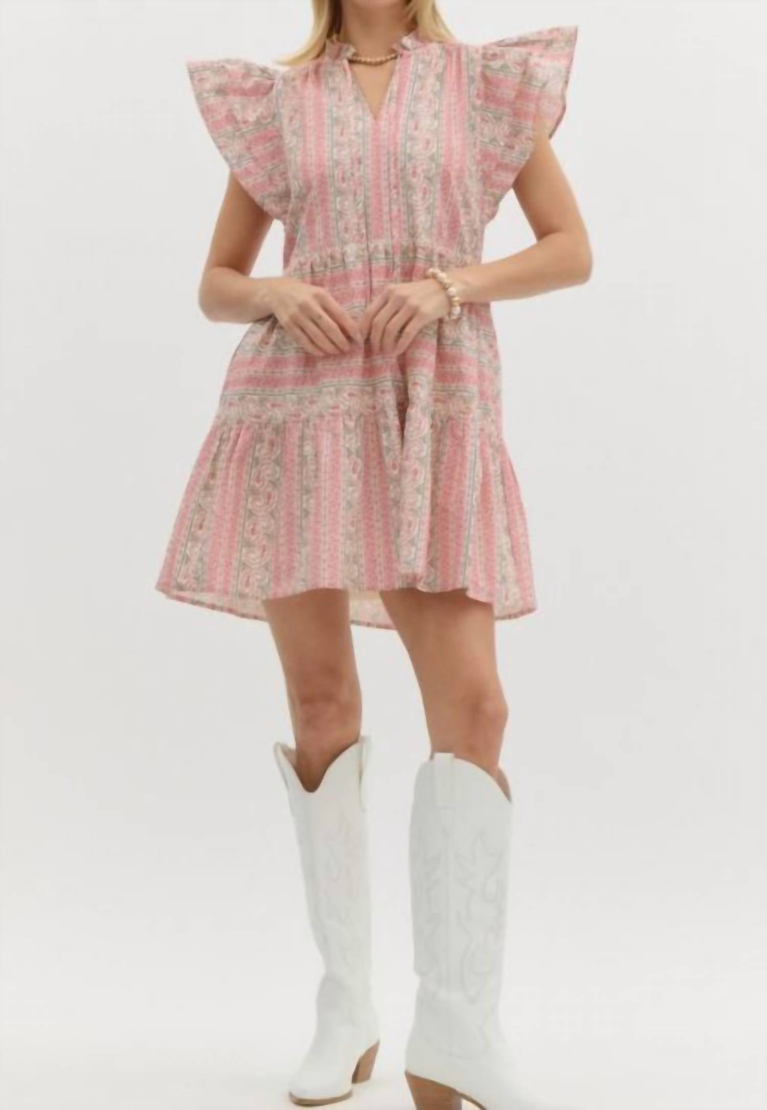entro Ruffle Sleeve Tiered Mini Dress in pink paisley - women's dress