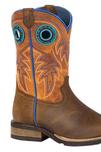 ROPER Boys Youth Steer Hide Geo Sole Cowboy Boot in brown orange - kids' boots - detail view