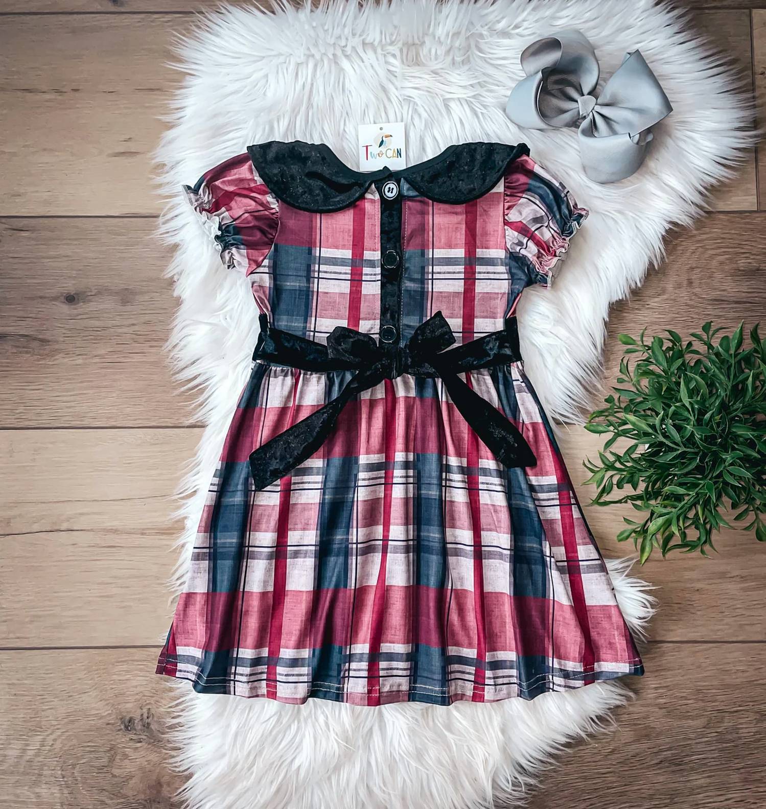 Twocan - Girls Christmas Plaid & Velvet Short Sleeve Dress