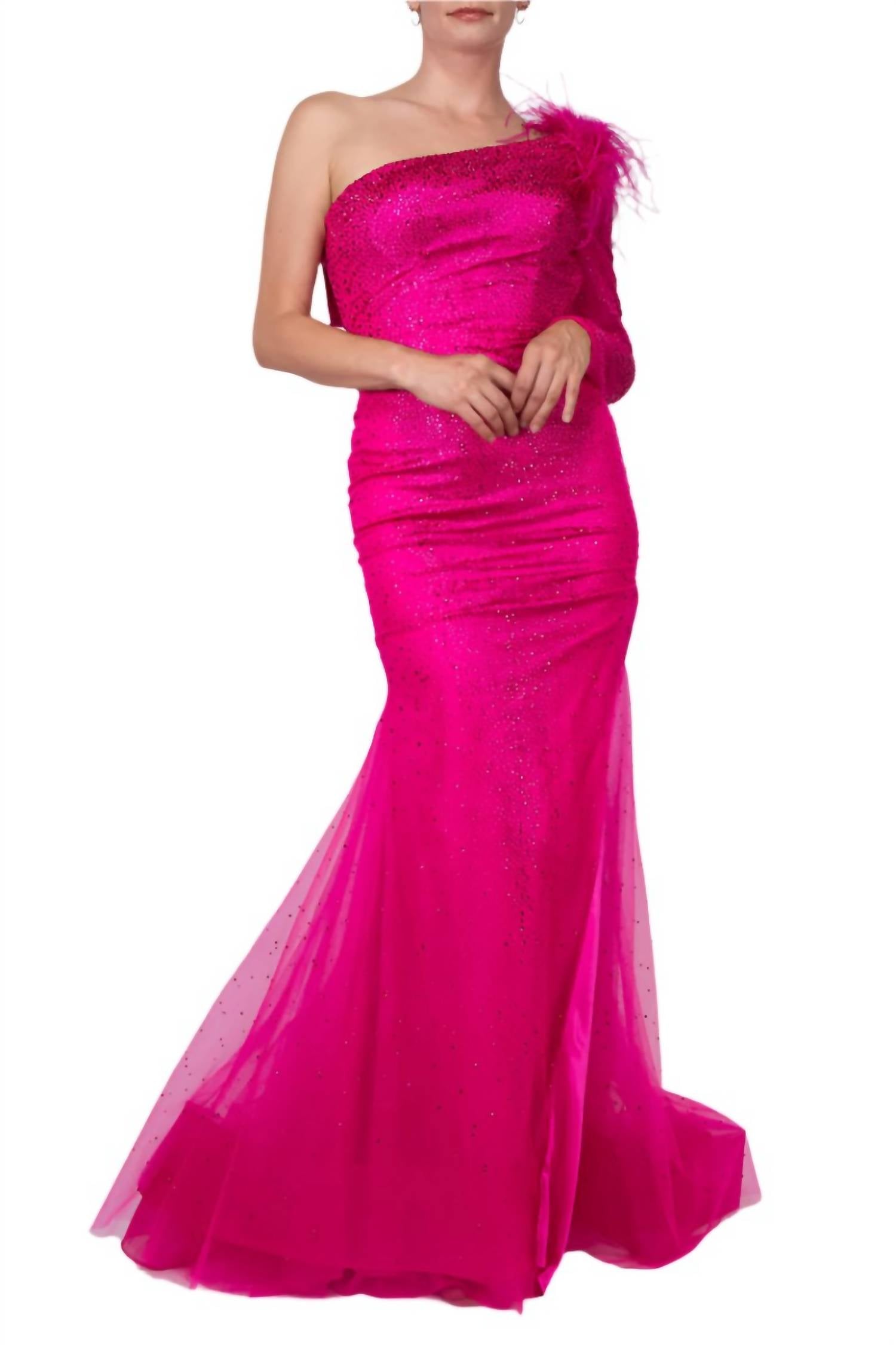 Colors Dress - One Shoulder Mesh Long Sleeve And Feathers Mermaid Gown