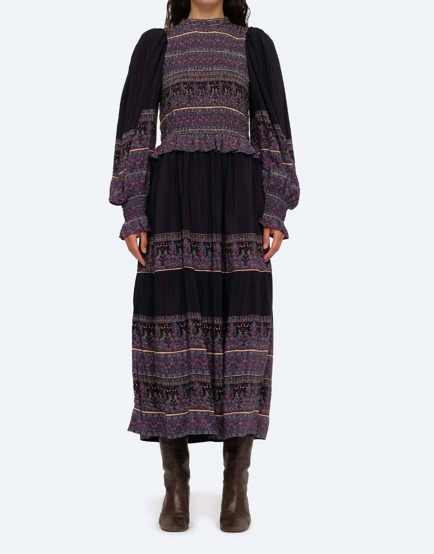 SEA Adella Print Long Sleeve Smocked Dress in iris - women's dress