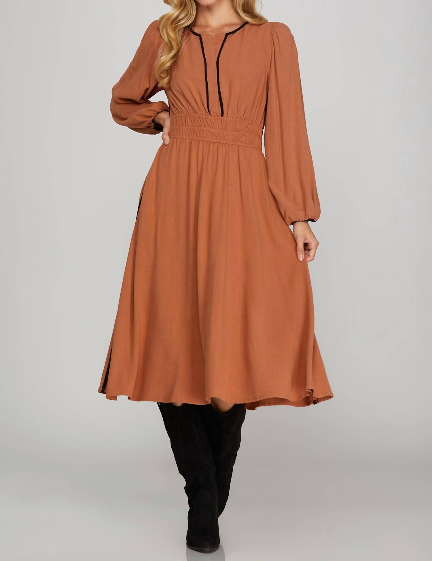 She + Sky - Long Sleeve Woven Midi Dress