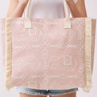 3Am By H&D Accessories - Women's Boho Geometric Elephant Print Fringe Tote Bag