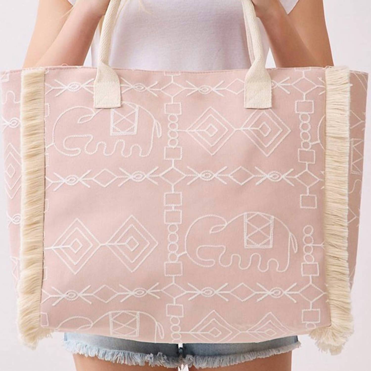 3Am By H&D Accessories - Women's Boho Geometric Elephant Print Fringe Tote Bag
