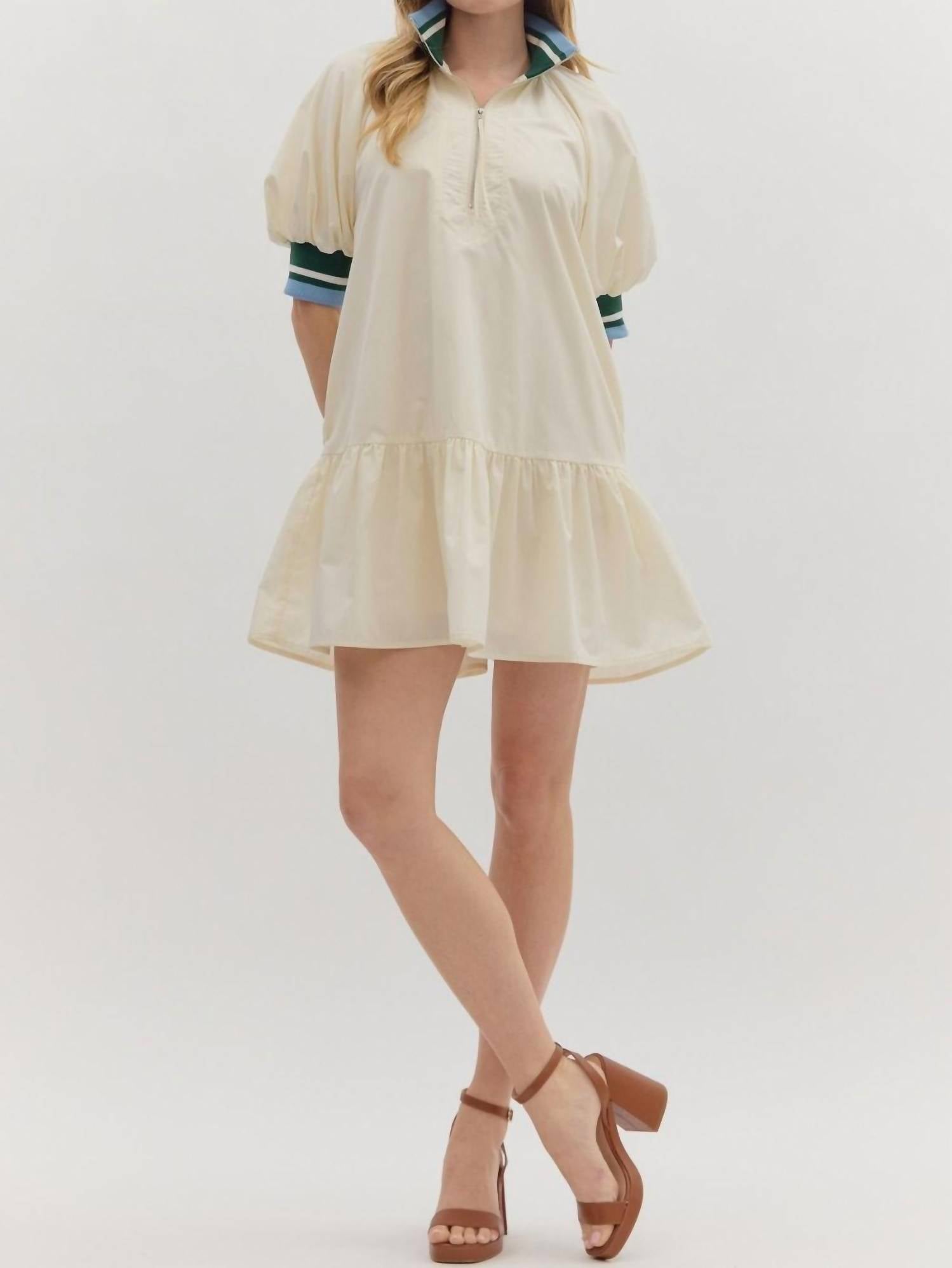 entro Zippered Collar Dress with Contrast Trim in cream - women's dress - view 4