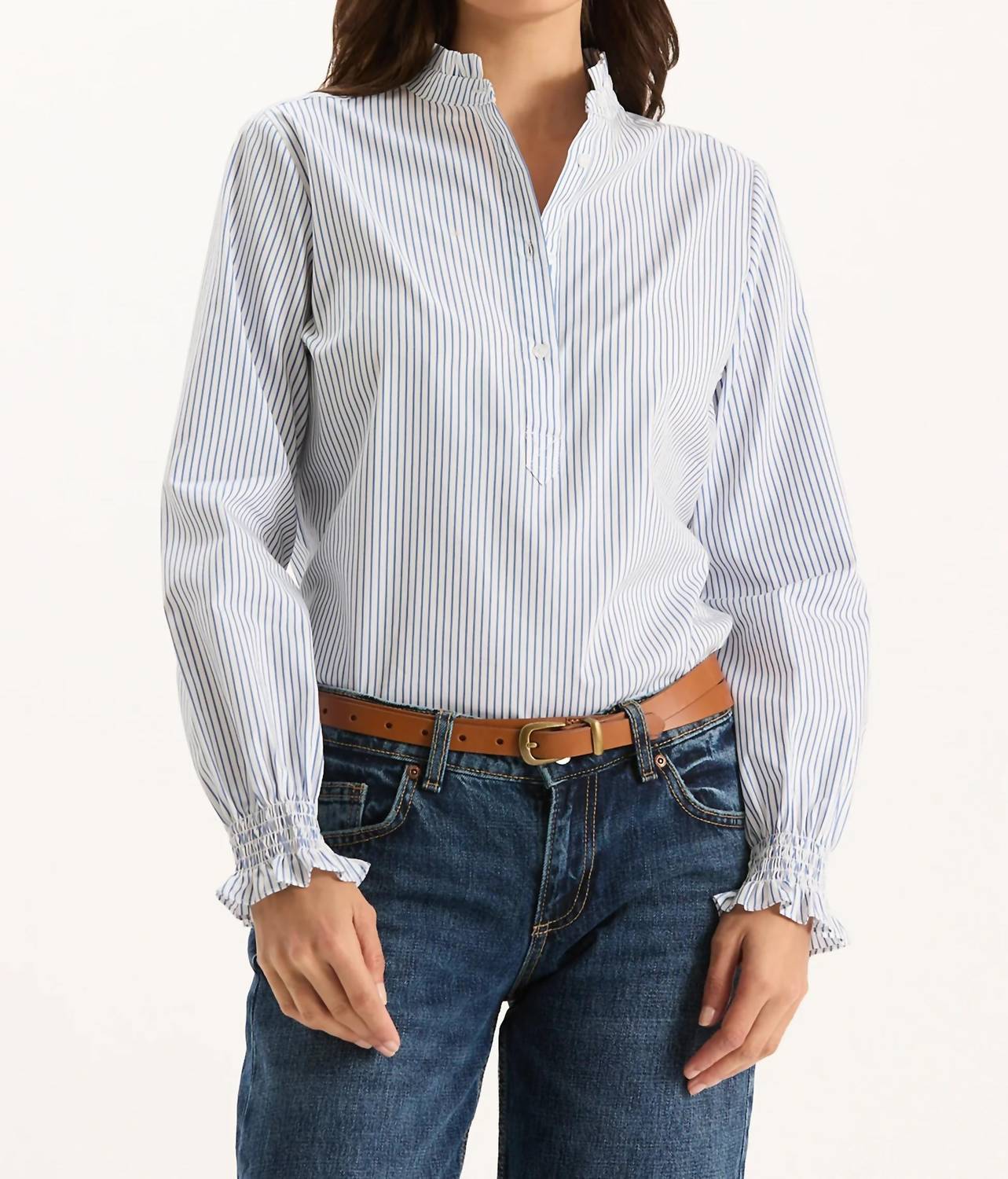 Tyler Boe - Gwen Pinstripe Ruffle Neck Shirt