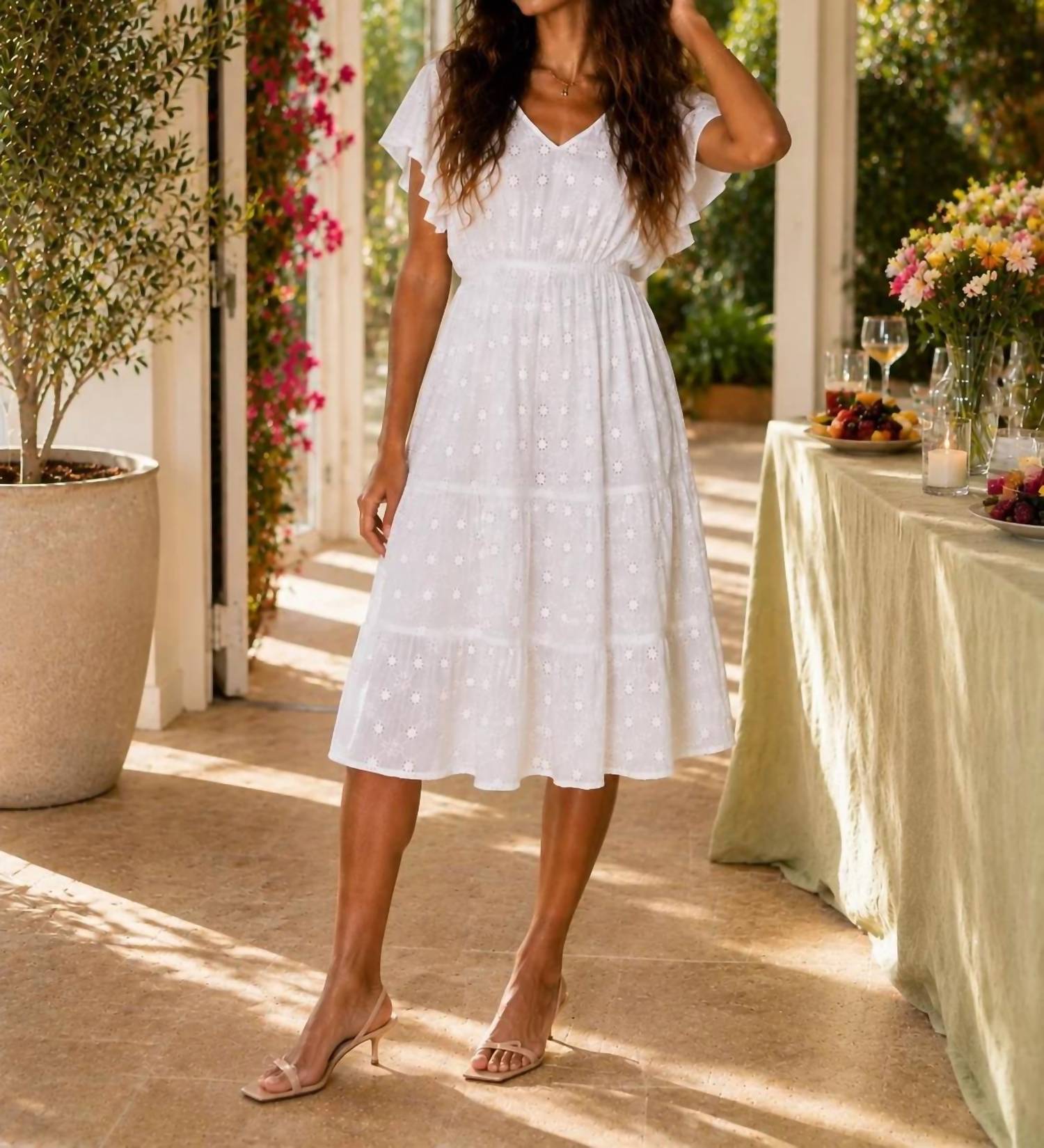 Apricot - Sequin Embroidered Flower Ruffle Sleeve Dress