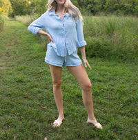 Miss Sparkling Coastal Breeze Gauze Blouse And Shorts Set in blue - women's sleepwear