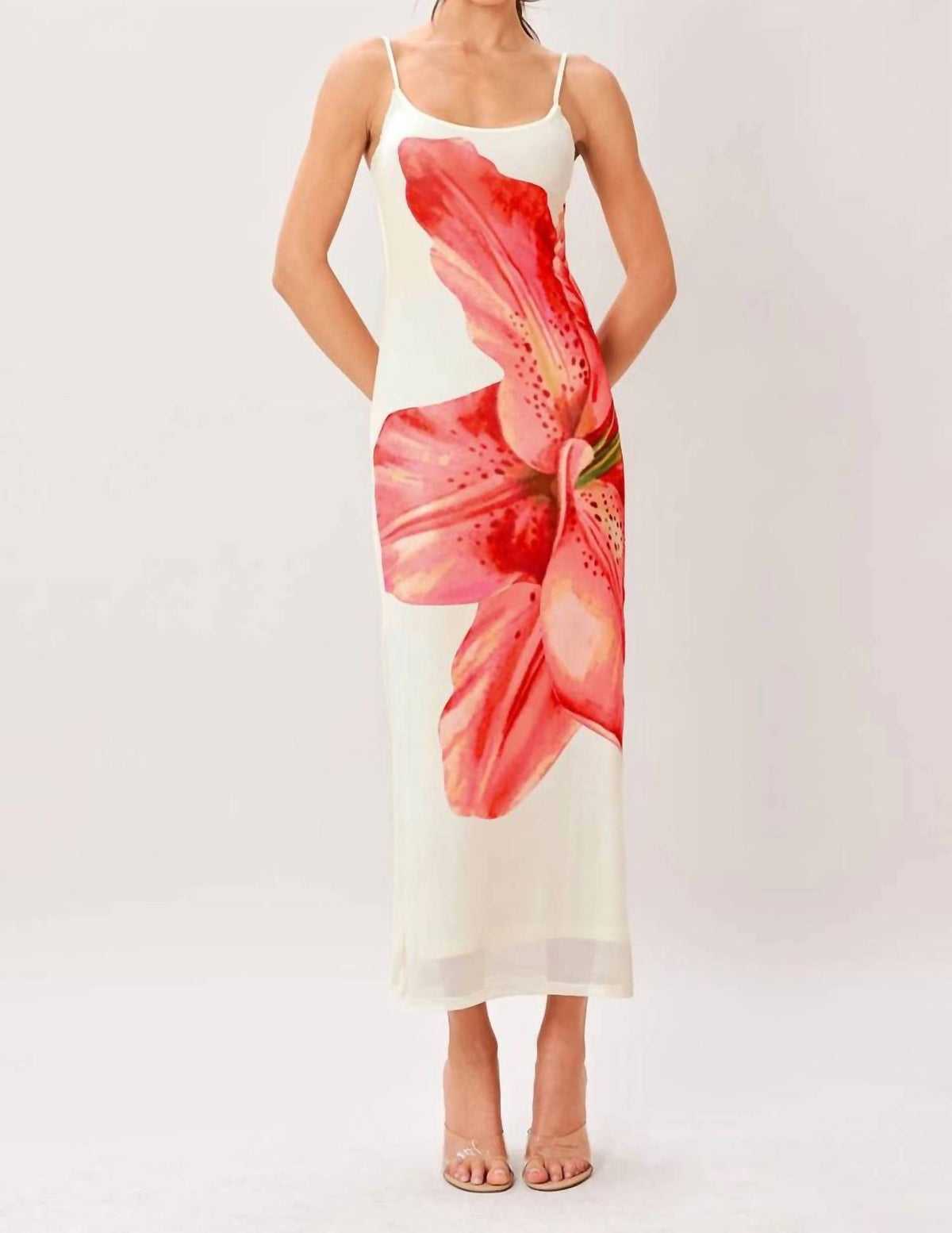 flying tomato midi dress BLOOM STATEMENT POWER MESH CAMI l IVORY / S Red and White Bright below knee Color:LILAC Full sleeve