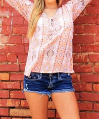 R Cinco Ranch Quinlin Three Quarter Sleeve Tunic in pink - women's shirt - detail view
