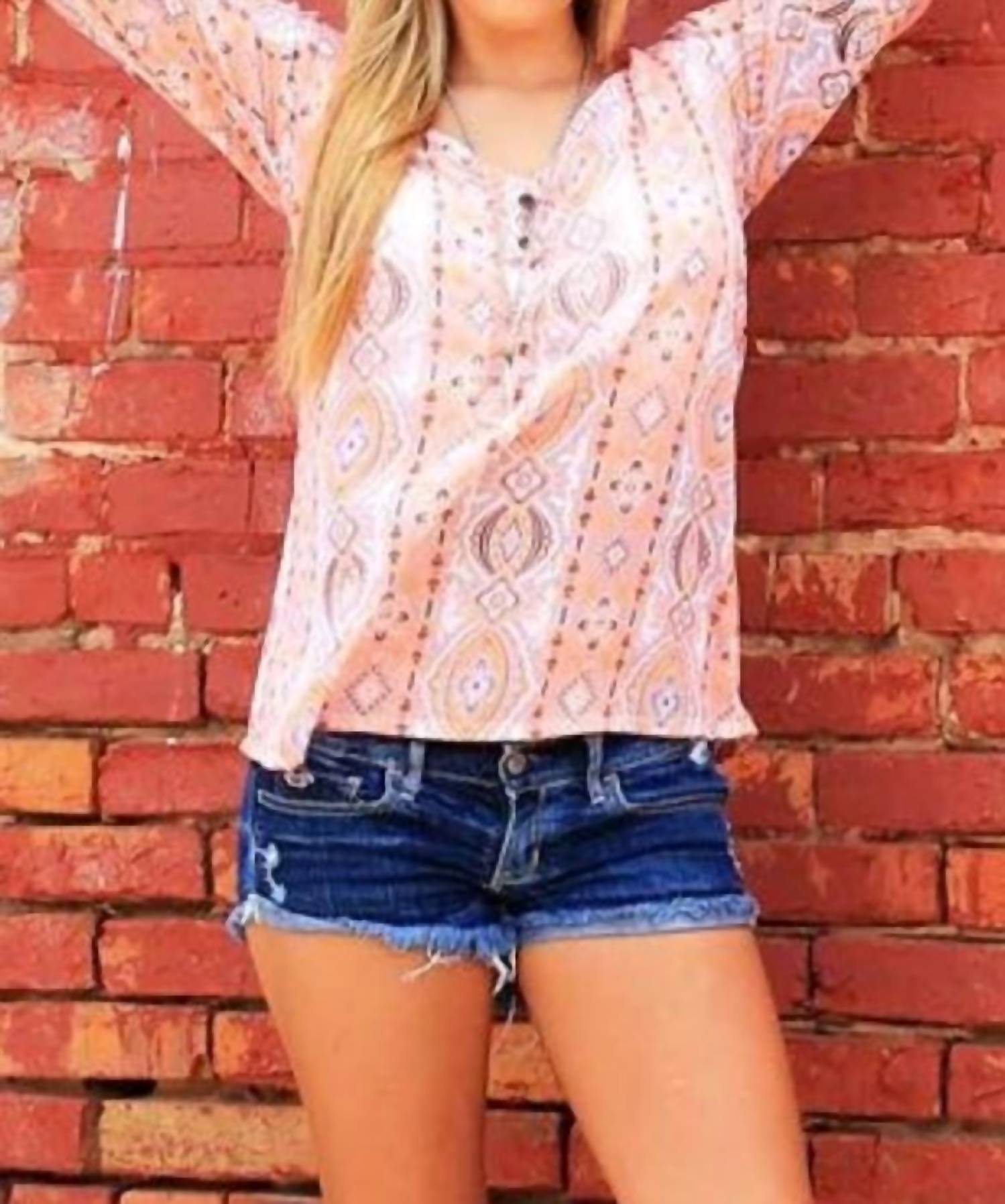R Cinco Ranch Quinlin Three Quarter Sleeve Tunic in pink - women's shirt - detail view