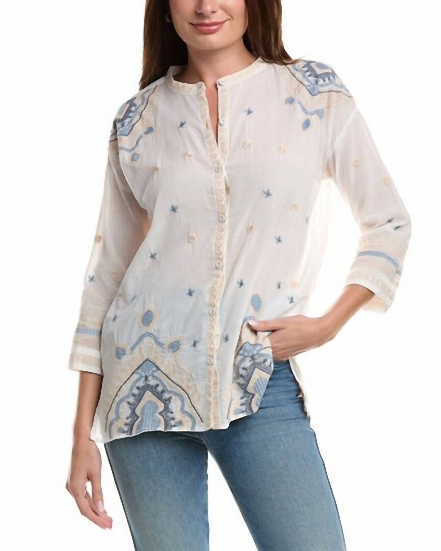 Johnny Was SLIM AUDREY MANDARIN 3/4 TUNIC in white - women's shirt