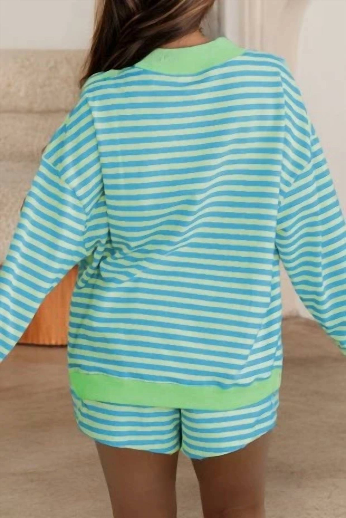 Shewin - Stripe Colorblock Pullover And Shorts Set