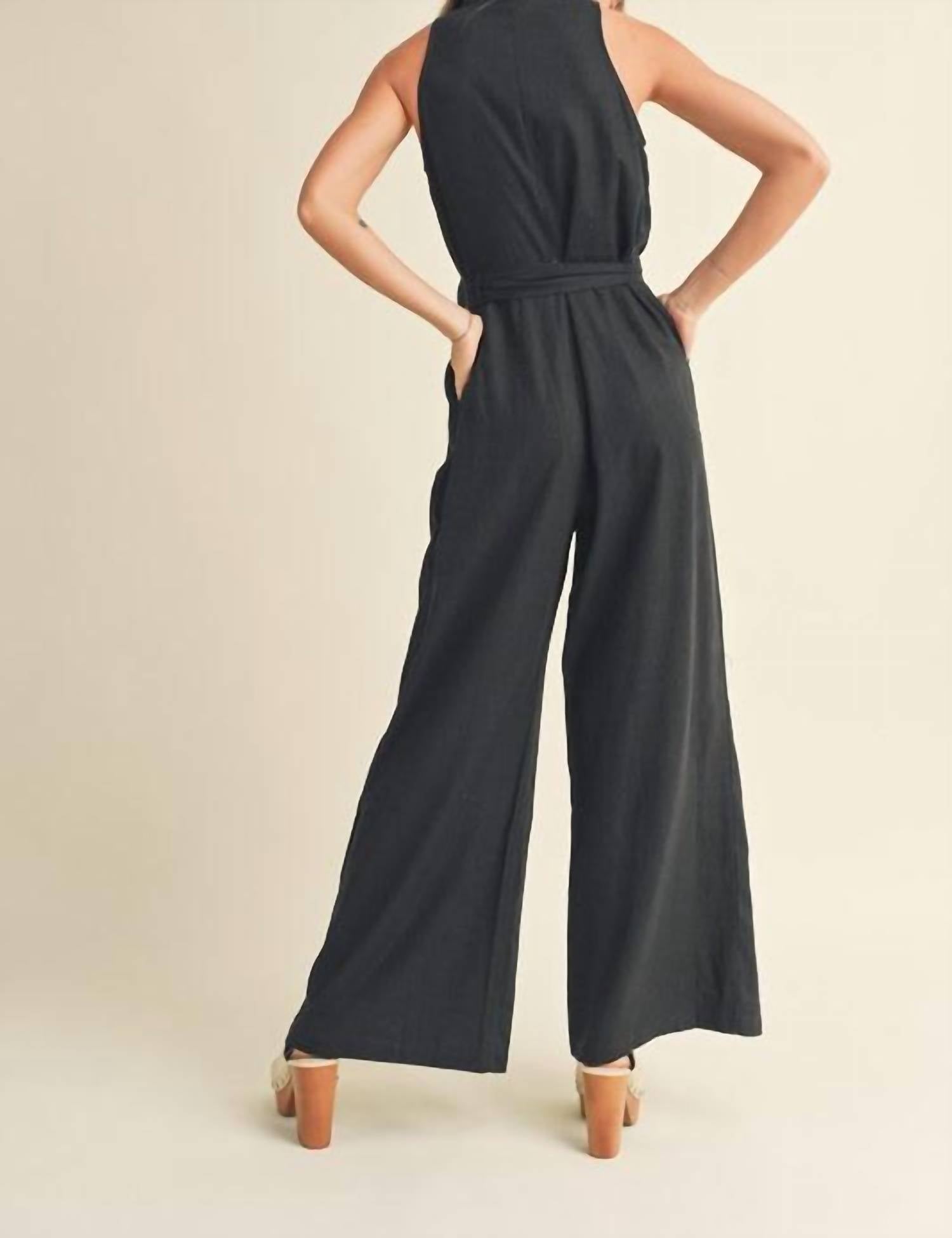 MIOU MUSE Blaine Linen Button Front Jumpsuit in black - women's pants - alternate view