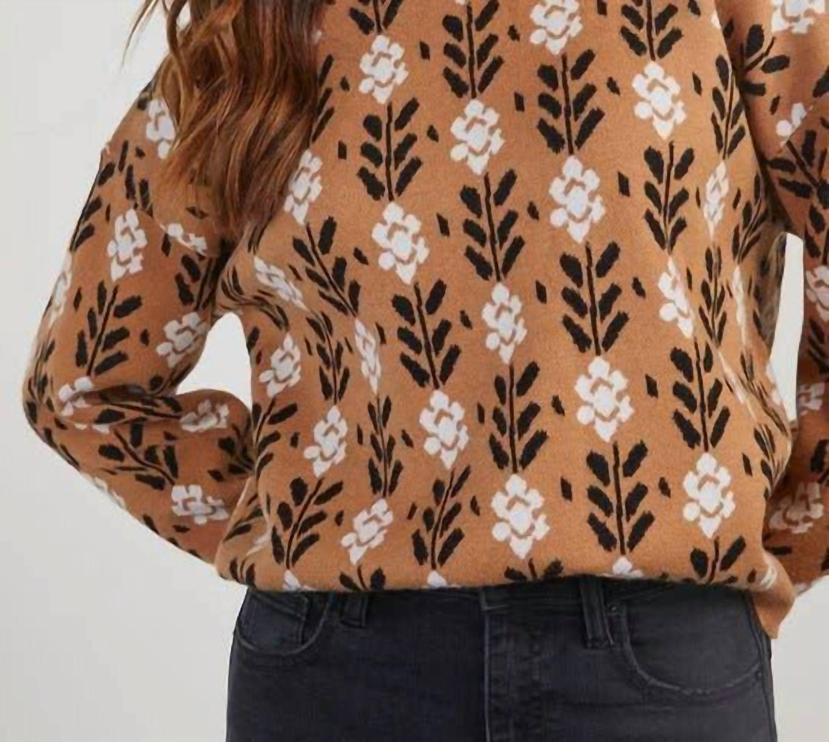 Lily Clothing - Floral Jacquard Crew Neck Long-sleeved Sweater