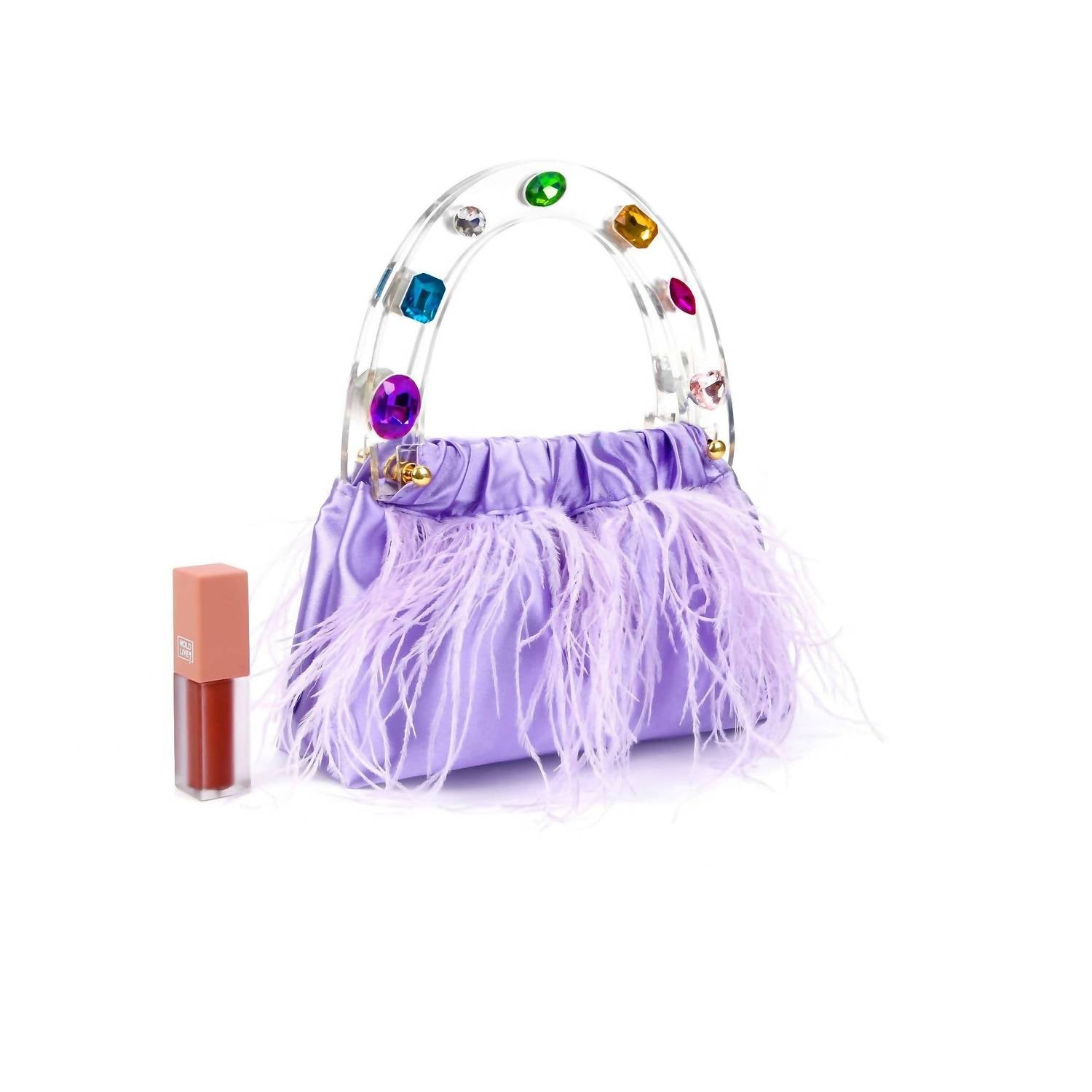 Milanblocks - Women's Colorful Gem Handle Embellished Feather Bag