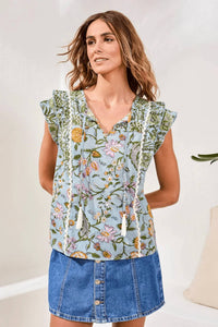 Tribal - Poplin Frill Cap Sleeves Novelty Blouse