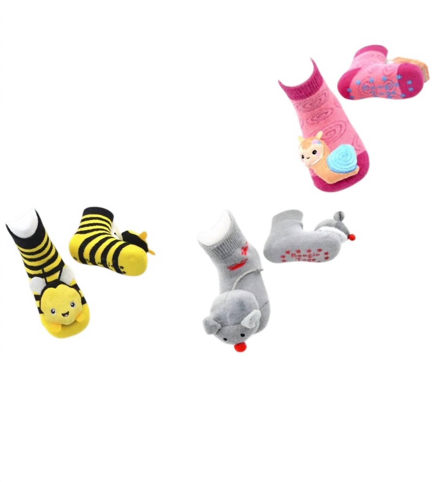 Liventi Inc. Kids Boogie Toes Rattle Socks - Set Of 3 in bumblebee mouse baby snail - kids' accessory - detail view