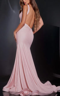 JOVANI V-Neck Glitter Gown in blush - women's dress - detail view
