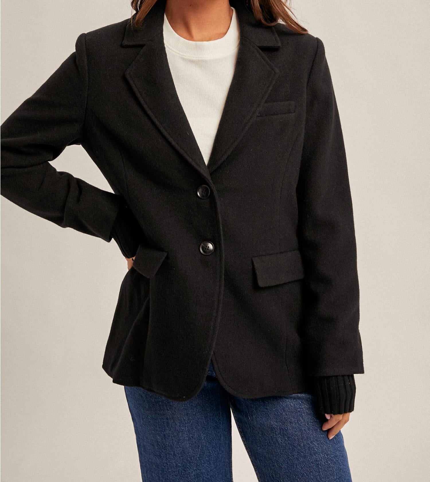 Hem & Thread Cuff Rib Layered Blazer in black - women's jacket