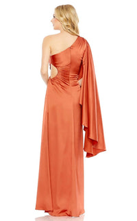 MAC DUGGAL Asymmetrical One Side Cape Sleeve Ruching Satin Dress in rust - women's dress - detail view