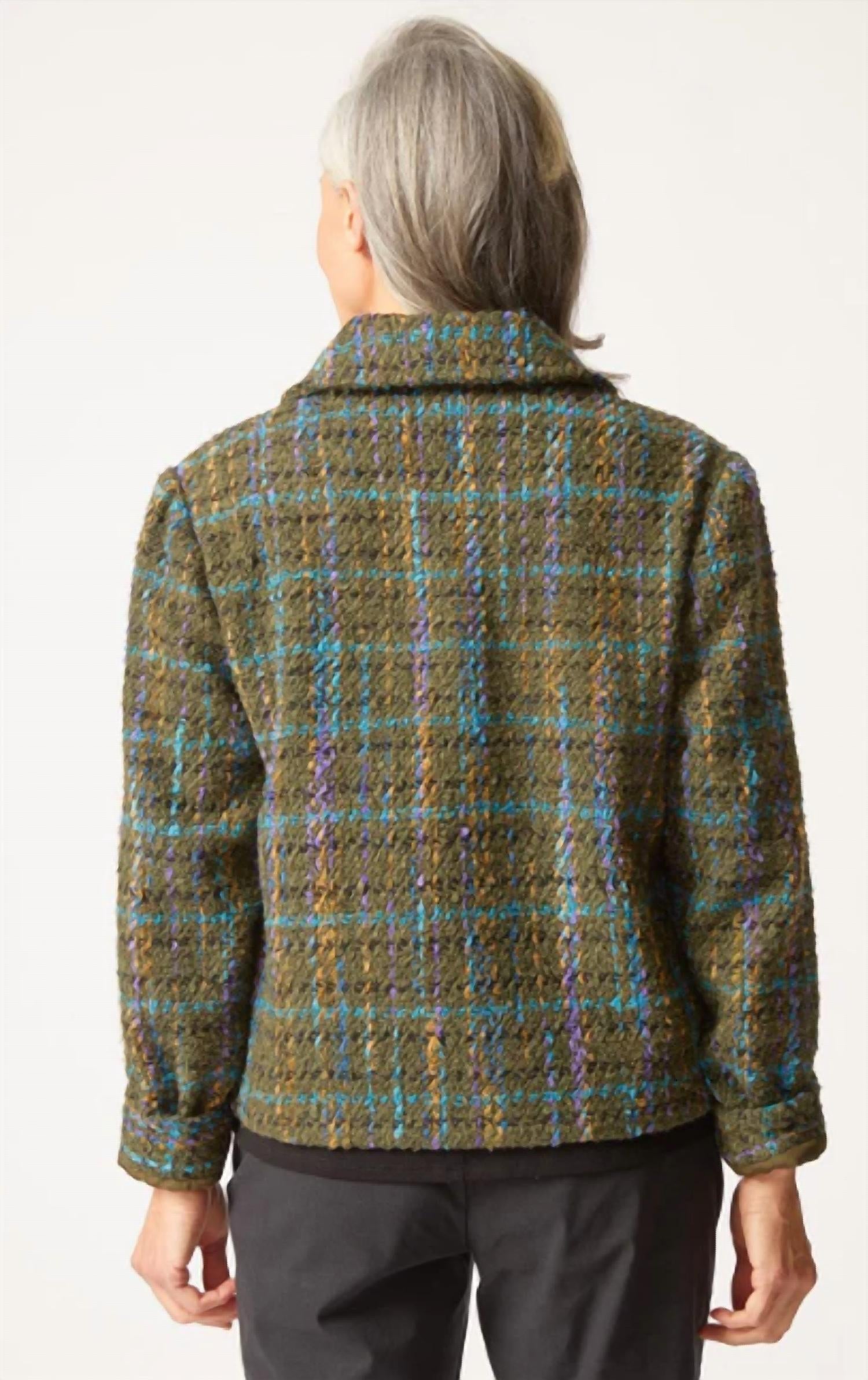 habitat Confetti Plaid Shacket in olive green boucle - women's jacket - detail view