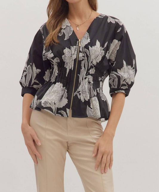 Entro - 3/4 Sleeve Floral Zip Up Peplum Blouse