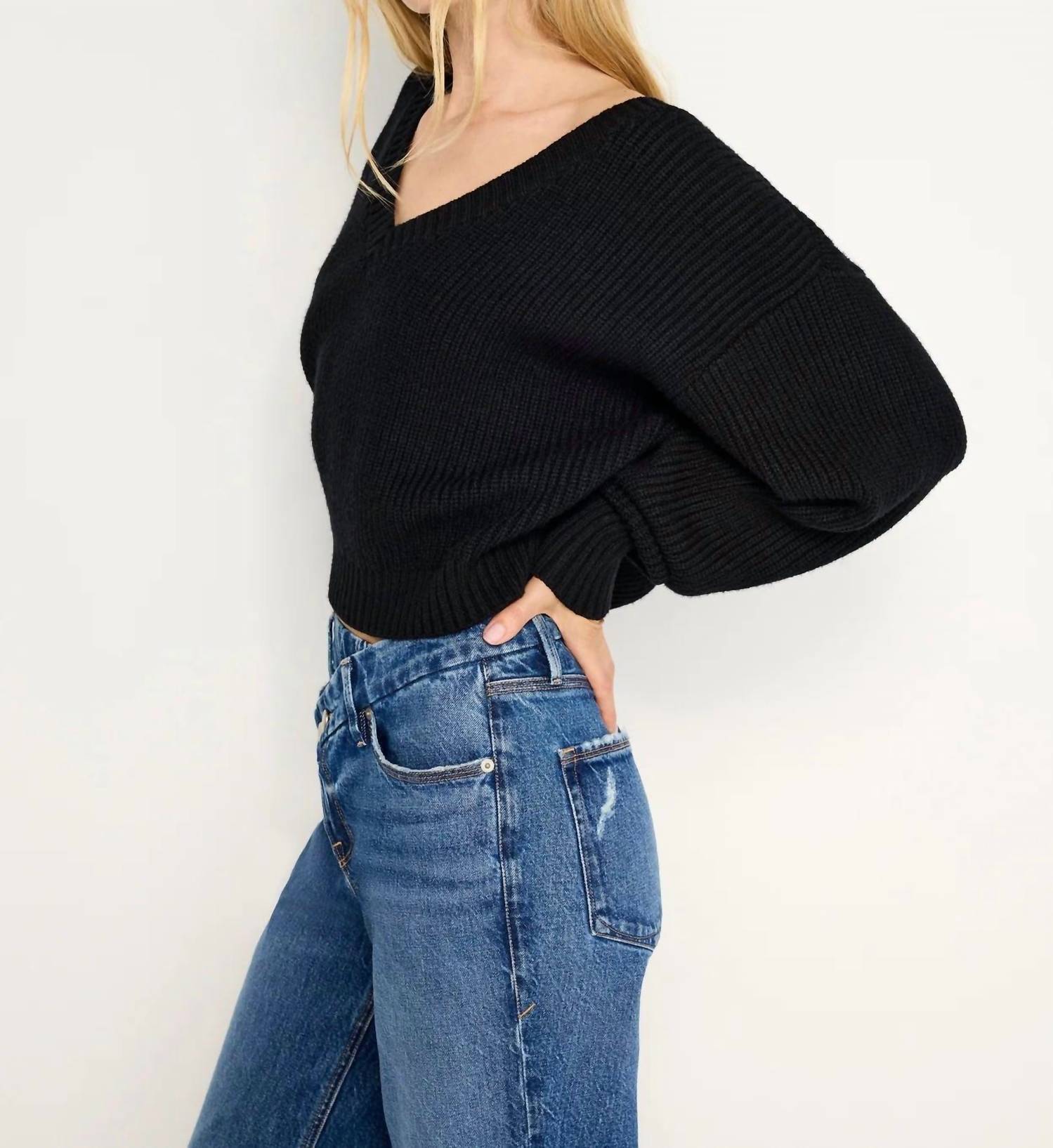 Good American - Cozy Deep V Neck Sweater Top